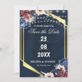 Rustik Navy Blue Guld String Ljus Bröllop Spara Datumet