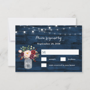 Rustik Navy Blue och Burgundy  Blommigt Bröllop OSA Kort