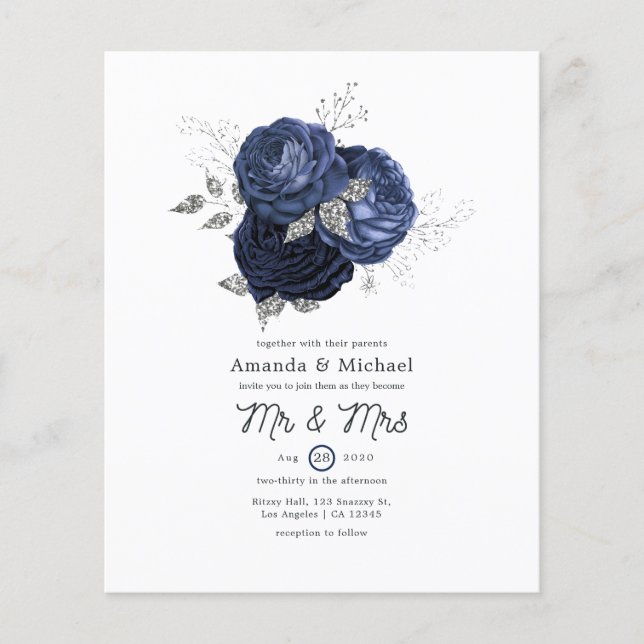 Rustik Navy och Falskt Glitter Silver Blommig Bröl Flygblad (Framsidan)