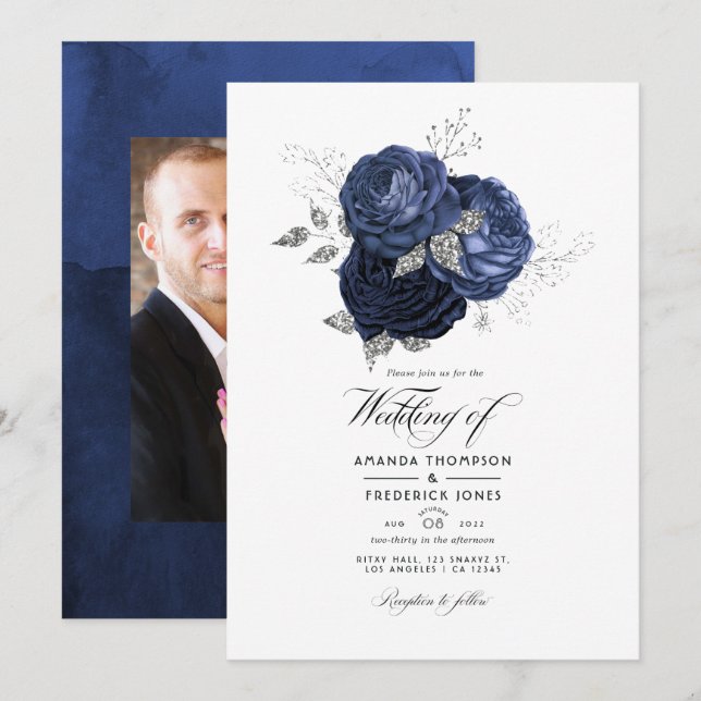 Rustik Navy och Falskt Glitter Silver Blommig Bröl Inbjudningar (Fram/baksida)