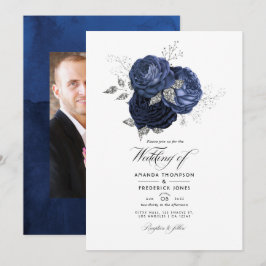 Rustik Navy och Falskt Glitter Silver Blommig Bröl Inbjudningar