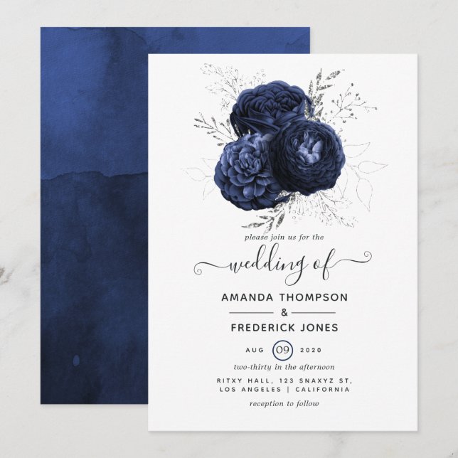 Rustik Navy och Falskt Glitter Silver Blommig Bröl Inbjudningar (Fram/baksida)