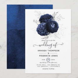 Rustik Navy och Falskt Glitter Silver Blommig Bröl Inbjudningar