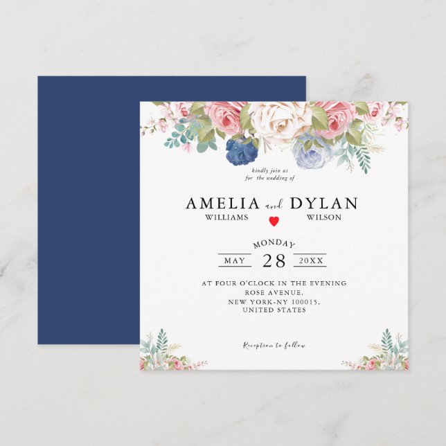 Rustik Navy  Rosa Blommigt Modern Bröllop Invit Inbjudningar (Fram/baksida)