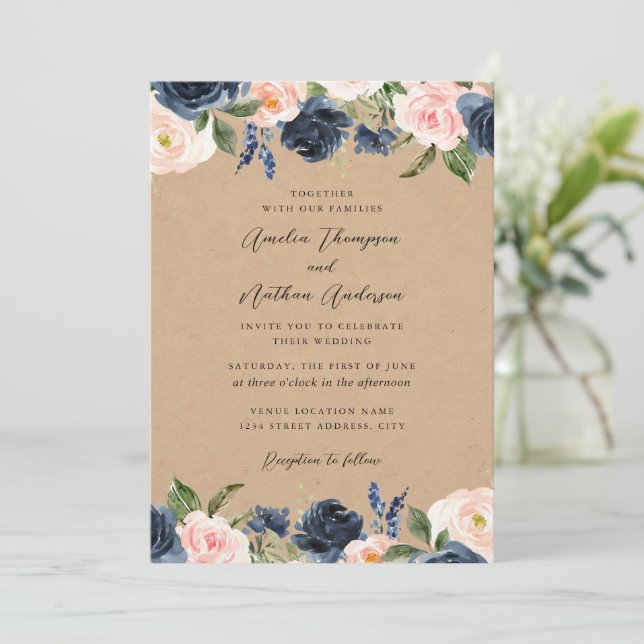Rustik Navy Rosa Elegant Botanisk Blommig Bröllop Inbjudningar (Stående Fram)