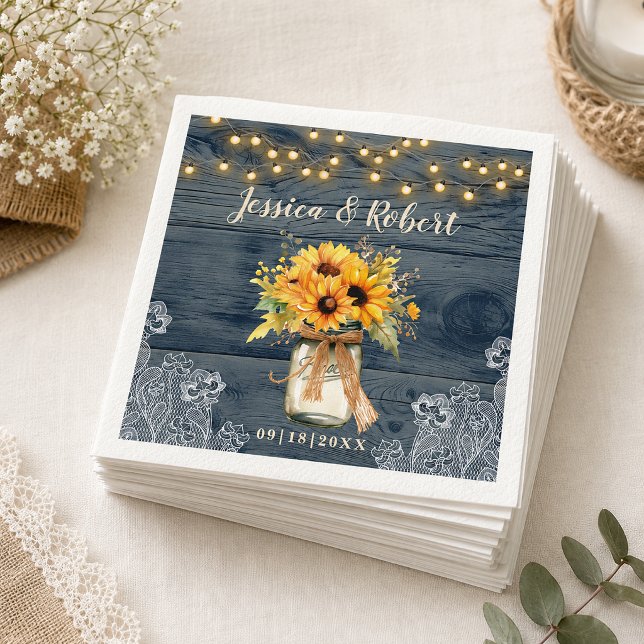 Rustik Navy Solros Masonkruka Bröllop Pappersservett (Rustic Navy Sunflower Mason Jar Wedding)