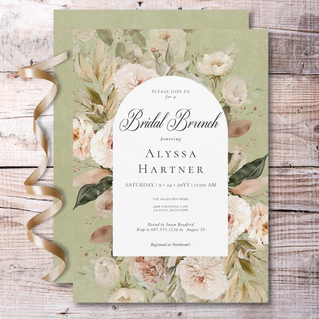 Rustik neutral solbrun grön blomsterbåge bröllopsl inbjudningar (Rustic Neutral Tan Cream Green Arch Bridal Brunch Invitation)