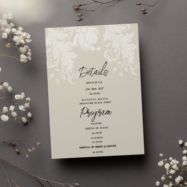 Rustik neutral vit blomsterrankad detaljprogram inbjudningar (Rustic neutral white floral lace Details Program)