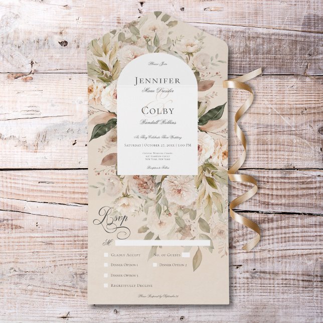 Rustik Neutralt, Blommigt, servering för Tan & Cre (Rustic Neutral Tan & Cream Floral Arch Dinner All In One Invitation)