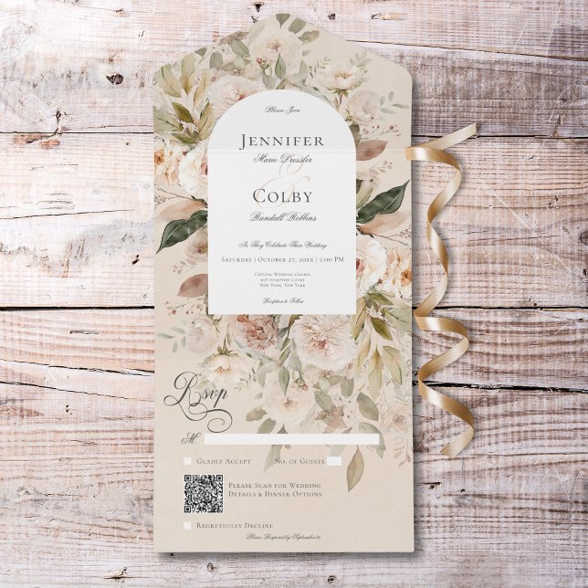 Rustik Neutralt Tan & Cream Blommigt Arch QR-kod (Rustic Neutral Tan & Cream Floral Arch QR Code All In One Invitation)
