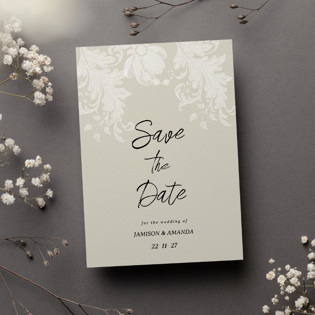 Rustik neutralt, vit blommigt snöre Spara datum Inbjudningar (Rustic neutral white floral lace Save The Date)