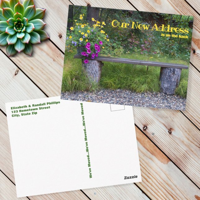 Rustik Ny adress annons Lush Flowers Bench Vykort (address change template postcard front and back)