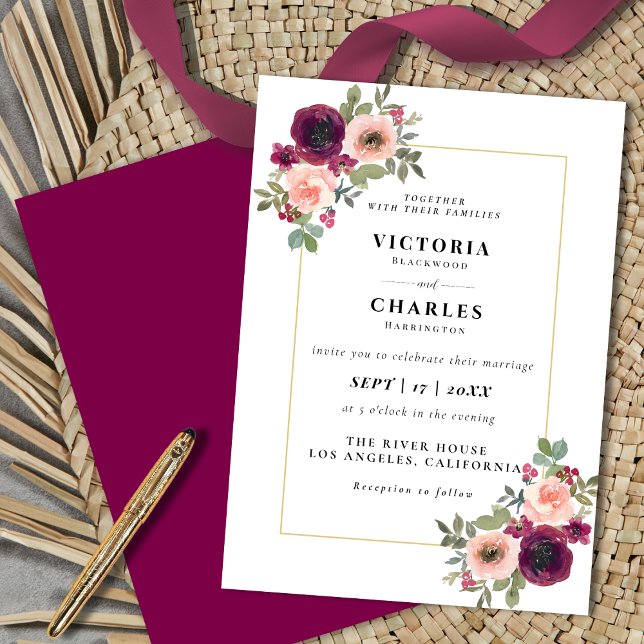 Rustik  och Burgundy Watercolor Blommigt Bröllop Inbjudningar (Rustic Blush & Burgundy Watercolor Floral Wedding Invitation)