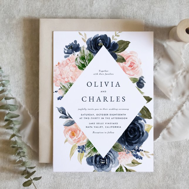 Rustik  och marinblå Blommigten Ram Bröllop Inbjudningar (Rustic Watercolor Blush and Navy Blue Floral Frame Wedding Invitation)