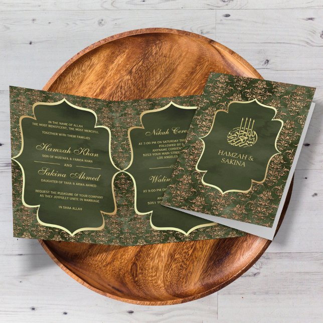 Rustik Oliv grönt Guld-Damask Muslim Bröllop Inbjudan (Skapare uppladdad)