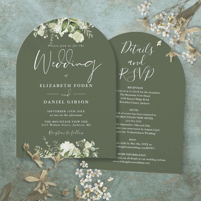 Rustik Oliv grönt på en Blommigt Arch Bröllop Inbjudningar (Rustic Olive Green All In One Floral Arch Wedding Invitation)