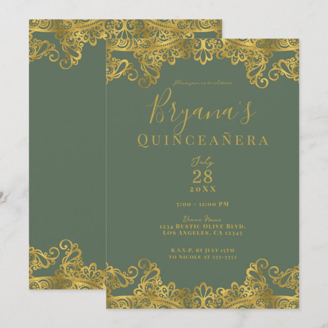 Rustik Oliv & Guldspets Elegant Quinceañera Inbjudningar (Fram/baksida)