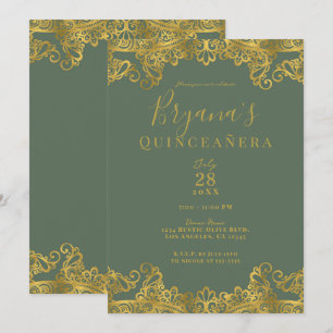 Rustik Oliv & Guldspets Elegant Quinceañera Inbjudningar