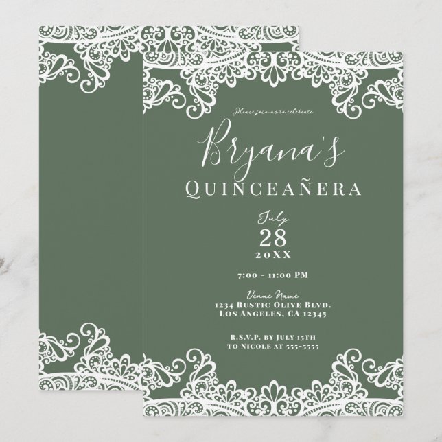 Rustik Oliv och Vit Spets Elegant Quinceañera Inbjudningar (Fram/baksida)