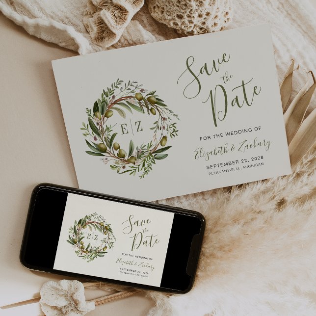 Rustik Olivgrön Akvarellkrans Save the Date Inbjudningar (Skapare uppladdad)