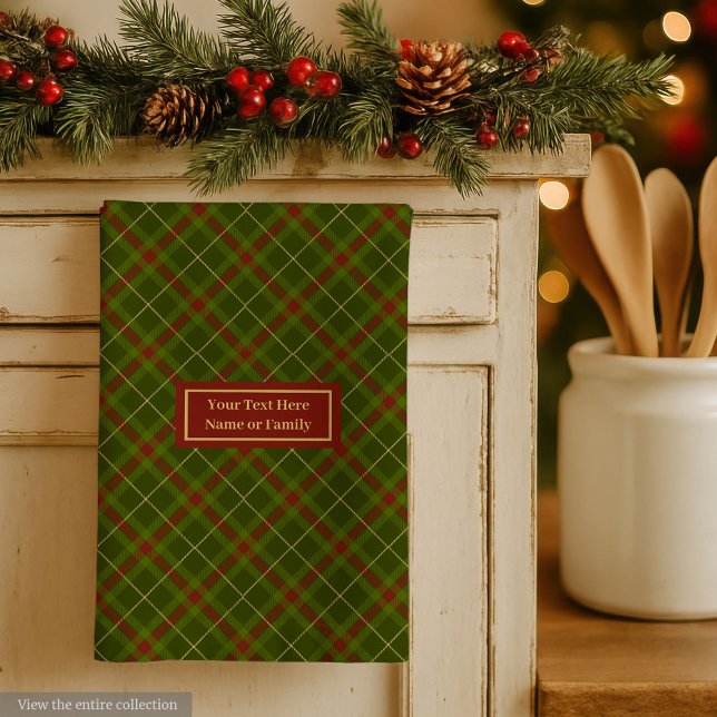 Rustik olivgrön höst-tartan handduk med anpassat n kökshandduk (Trendy Plaid Hand Towel Thanksgiving Monogram Style)