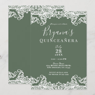 Rustik olivgrön och vit spets Elegant Quinceañera Inbjudningar