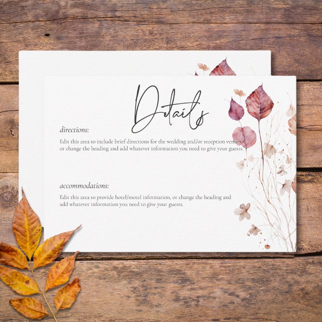 Rustik Ömtålig Burgunder Höstlöv Detaljer Tilläggskort (Rustic Delicate Burgundy Rust Fall Leaves Details Enclosure Card)