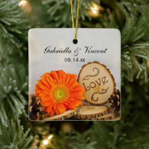 Rustik Orange Daisy Skogen Bröllop Julgransprydnad Keramik