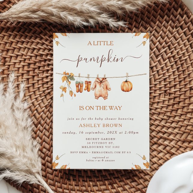 Rustik Orange: Fall Foliage Clotheline Baby Shower Inbjudningar (Fall Little Pumpkin Baby Shower Invitation Template, Clothesline Baby Shower Invitation Fall Autumn)