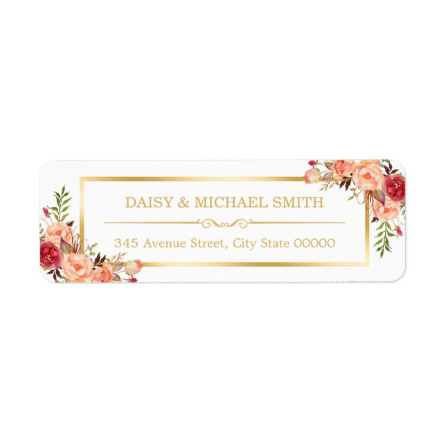 Rustik Orange Flowers Chic White Guld Ram Returadress Etikett (Framsidan)