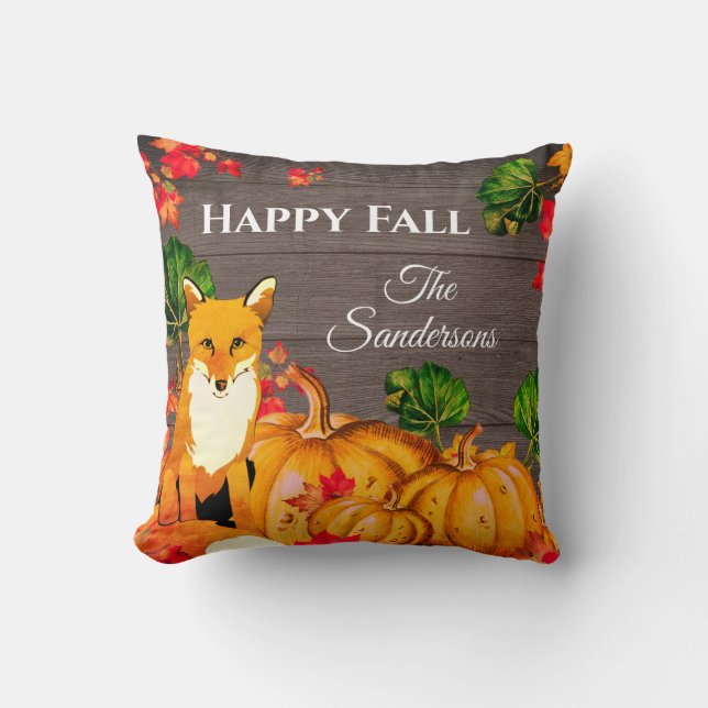 Rustik Orange Fox Pumpkin Fall Höst löv Throw Kudde (Framsida)