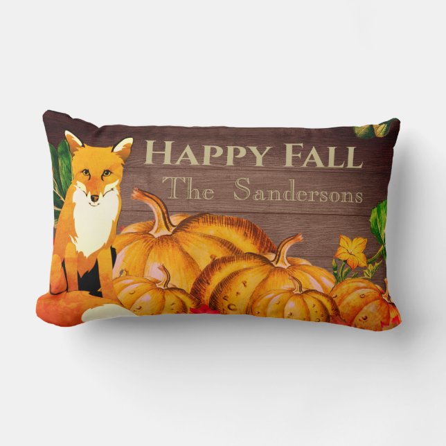 Rustik Orange Fox Pumpkin Fall Höst löv Throw Lumbarkudde (Framsida)
