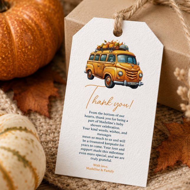 Rustik Orange Lastbil Liten Pumpa Bebis Shower Presentetikett (Rustic Orange Truck Little Pumpkin Baby Shower Gift Tags)