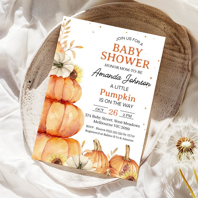 Rustik Orange Little Pumpkin Stack Baby Shower Inbjudningar (Fall Little Pumpkin Baby Shower Invitation, Gender Neutral Stacked Pumpkins, Sunflower, Autumn Baby)