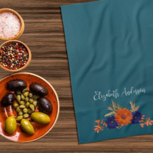 Rustik Orange, marin blå Blommigt Kökshandduk