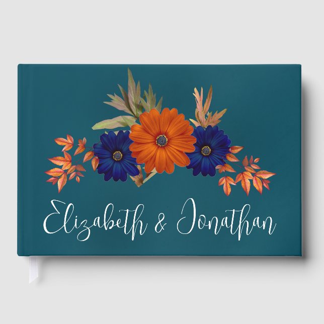 Rustik Orange, marinblå Blommigten Bröllop Gästböcker (Framsida)