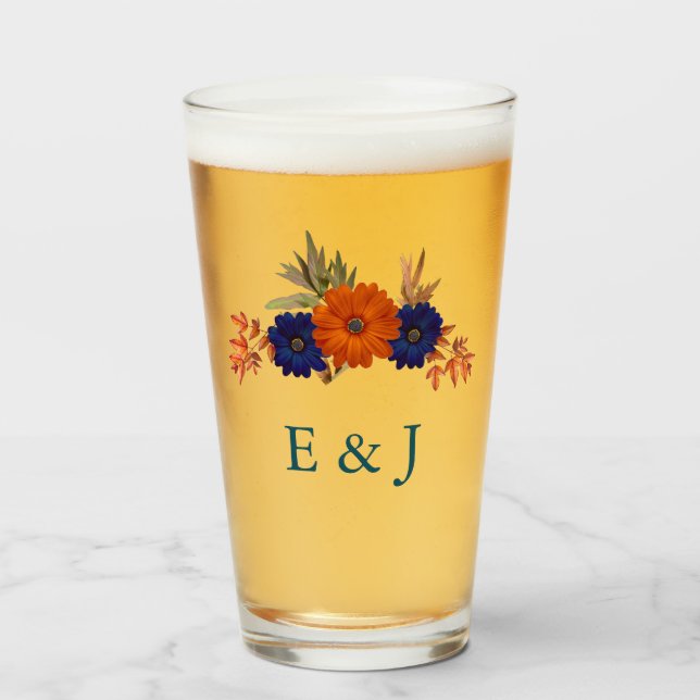 Rustik Orange, marinblå Blommigten Bröllop Glaskopp (Framsida fylld)