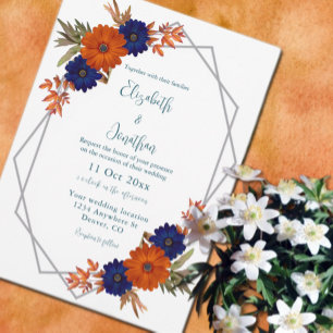 Rustik Orange, marinblå Blommigten Bröllop Inbjudningar