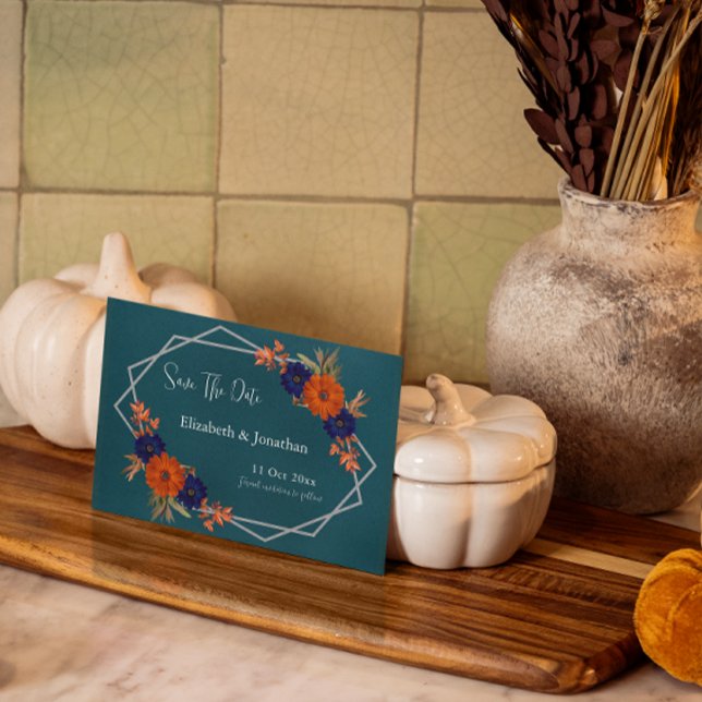 Rustik Orange, marinblå Blommigten Bröllop Spara Datumet (Skapare uppladdad)