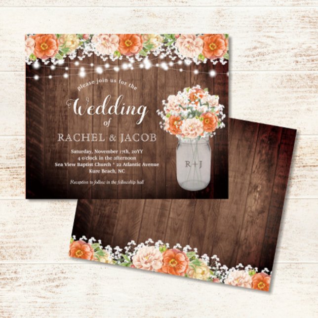 Rustik Orange Mason Burk Ljus budget Bröllop (Rustic Mason Jar with Fall Florals & String Lights Wedding Invitation)