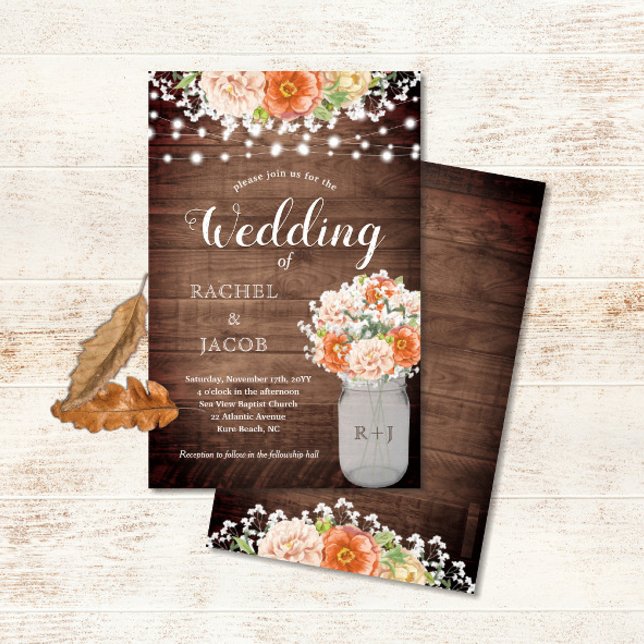 Rustik Orange Mason Burk Ljus budget Bröllop (Rustic Fall Floral Mason Jar Vase Budget Wedding Invitation)
