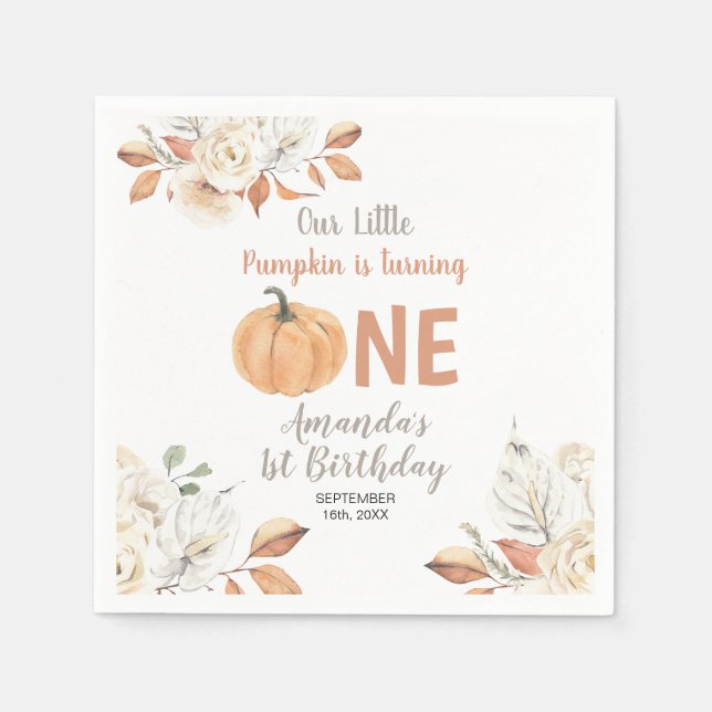 Rustik Orange Pumpa 1:a Födelsedagen Blommig Pappersservett (Framsidan)