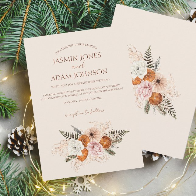 Rustik Orange Slices Peach White Flowers Bröllop Inbjudningar (Winter Orange Slices Dried Citrus Cinnamon Wedding Invitation)