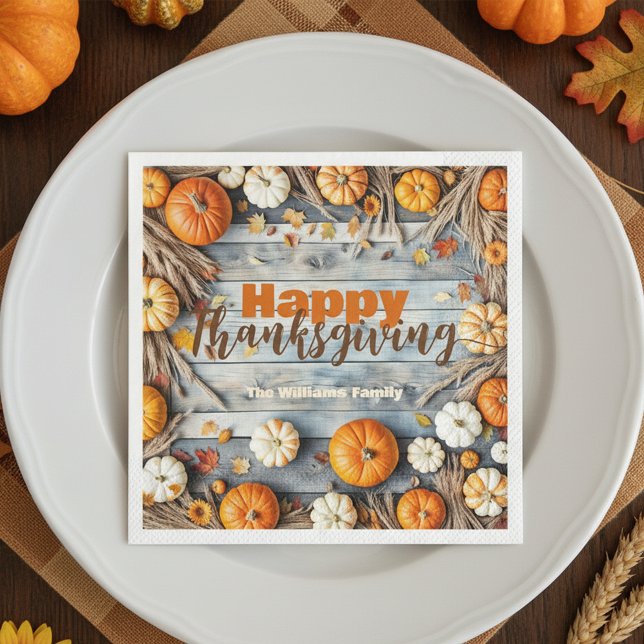 Rustik Orange Vit Pumpa Grå Trä Thanksgiving Pappersservett (Skapare uppladdad)