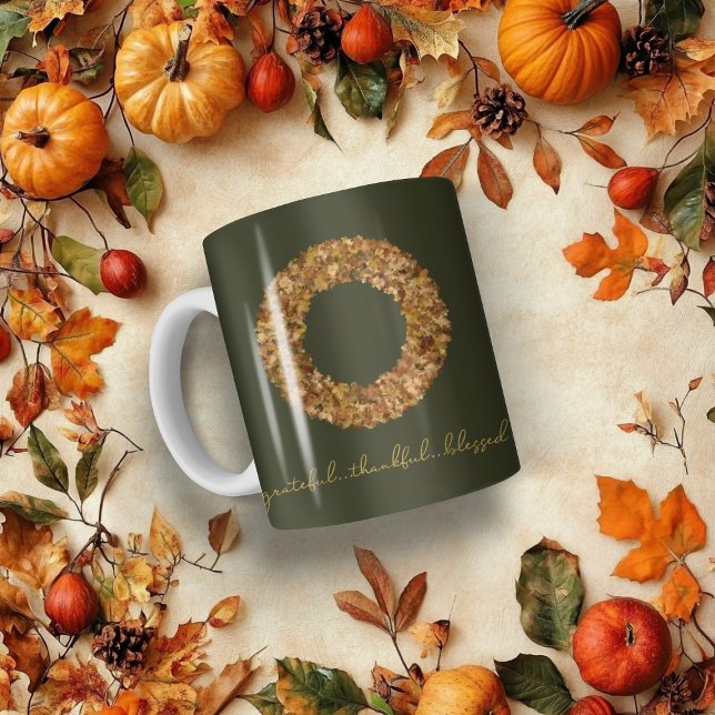 Rustik över höstens andedräkt tacksam välsignad kaffemugg (Rustic Autumn Wreath Thankful Grateful Blessed Coffee Mug)