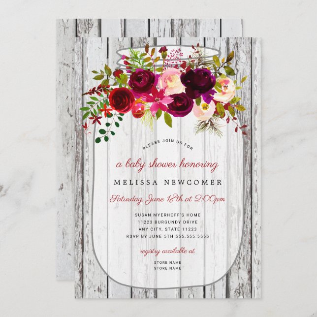 Rustik över trämason burk, inbjudan till babydusch (Fram/baksida)