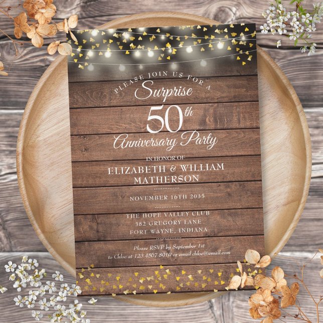 Rustik överraskningsfest 50-års bröllopsdag  inbjudningar (Rustic Surprise Party 50th Wedding Anniversary Invitation)