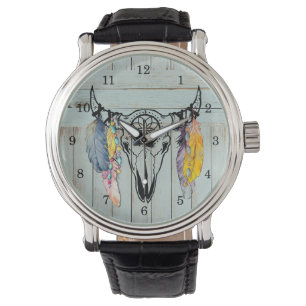 Rustik Oxen Skull med vattenfärgsfjädrar Pärlor Armbandsur