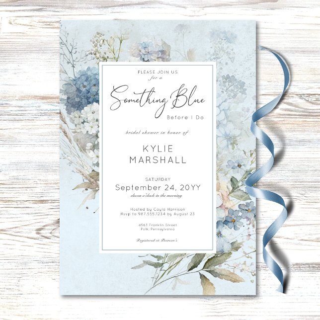 Rustik på något blåvitaktigt Blommigt, Möhippa Inbjudningar (Rustic Something Blue White Floral Bridal Shower Invitation)