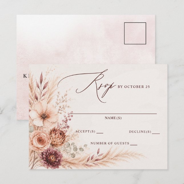 Rustik Pampas Blommig Höstbröllop RSVP Vykort (Fram/baksida)